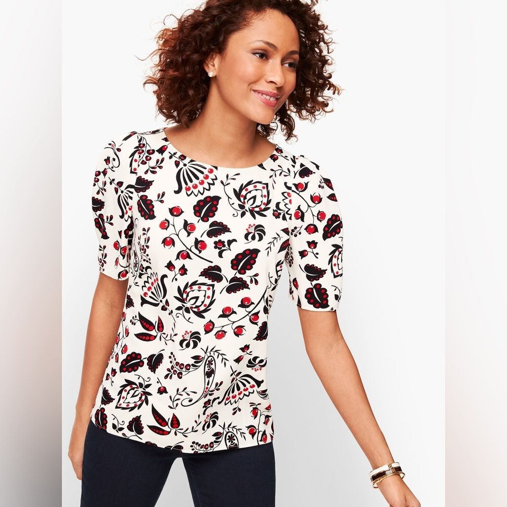 Talbots Crepe Top Berry Paisley White Red Floral Short Sleeve Blouse Sz LP